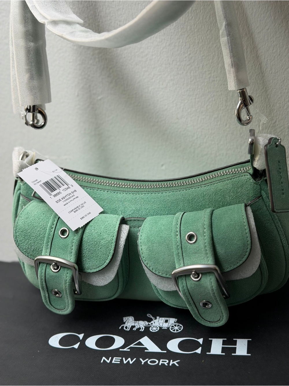 Coach Mint Green Suede Dual Buckle Shoulder Bag